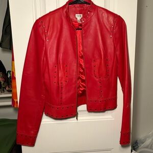 RARE VINTAGE WITH TAGS CAHCE LEATHER SET  Red Studded Leather Jacket & Skirt